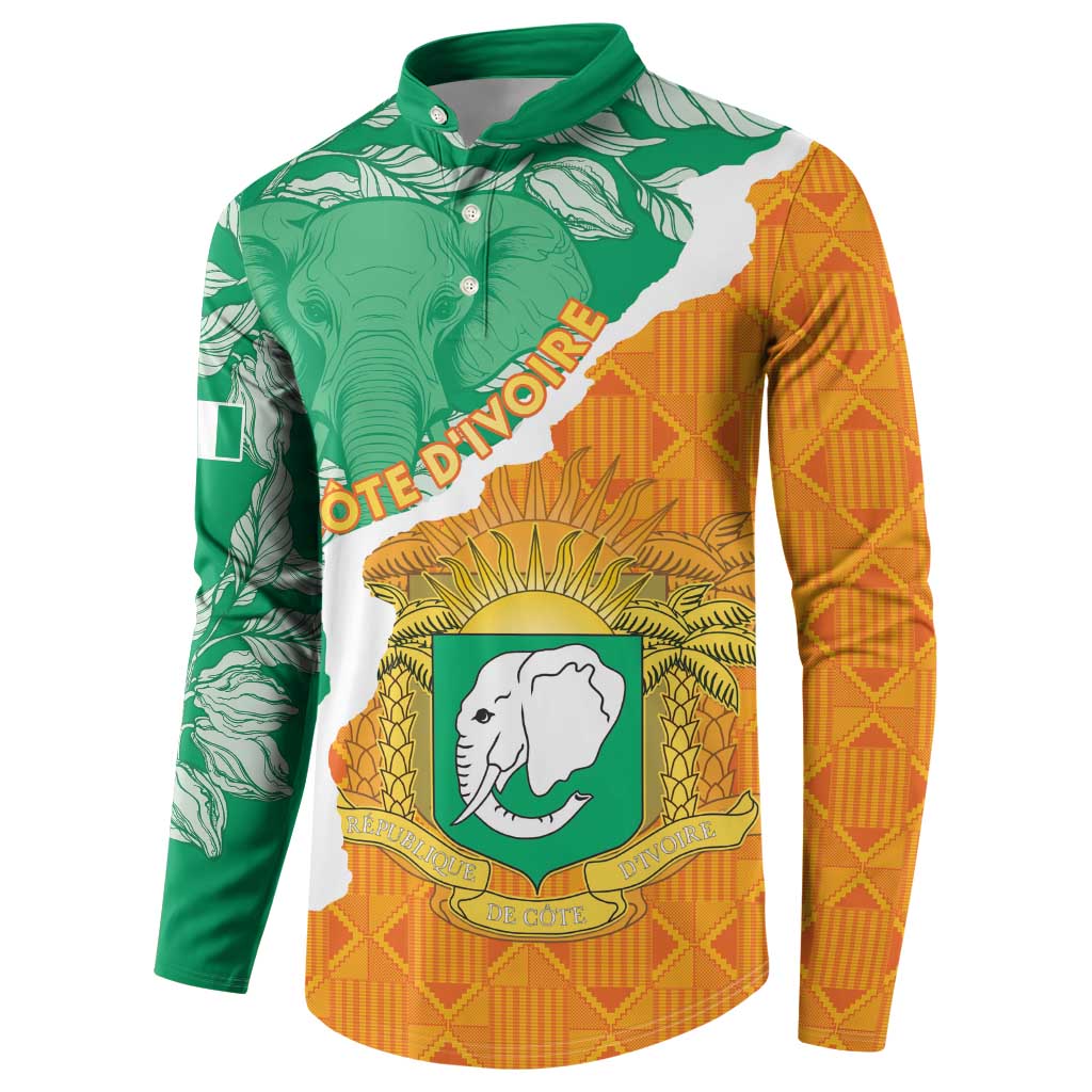 Green and orange button-up sweatshirt with elephant crest and leaf pattern