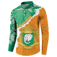 Green and orange button-up sweatshirt with elephant crest and leaf pattern