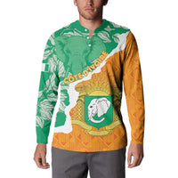 Green and orange button-up sweatshirt with elephant crest and map graphic