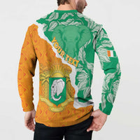 Green and orange button-up sweatshirt back with elephant crest and map graphic