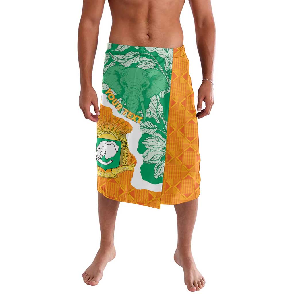 Personalized lavalava wrap skirt with green elephant panel and orange geometric trim