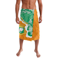 Personalized lavalava wrap skirt with green elephant panel and orange geometric trim