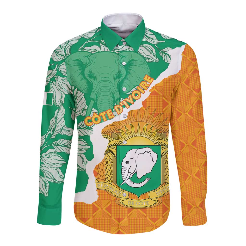 Long sleeve button shirt with green, orange and white elephant crest print