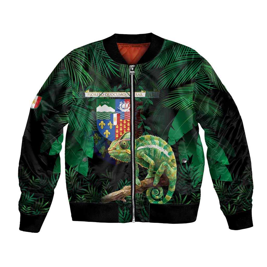 Black bomber jacket with green palm print, zip front, and chameleon graphic on chest