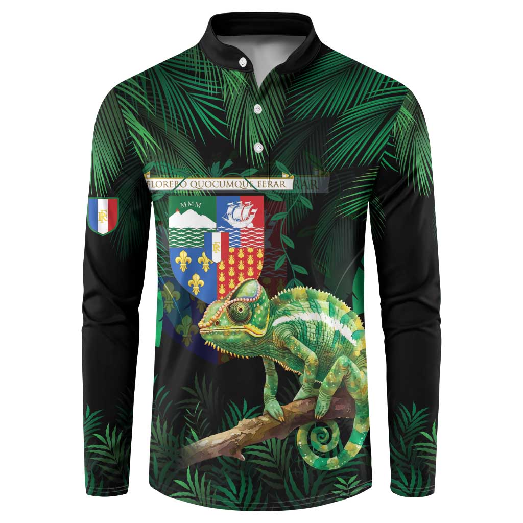 Men's black button sweatshirt with green tropical leaf print and chameleon graphic