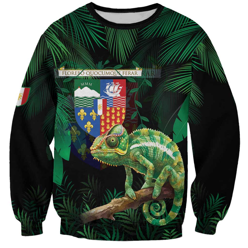 Black unisex sweatshirt with green chameleon graphic and colorful coat of arms crest