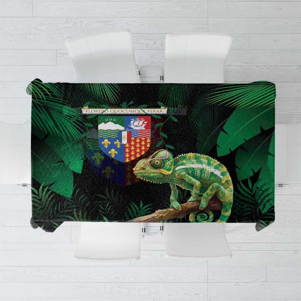 Rectangular dark green tropical tablecloth with chameleon and coat-of-arms crest