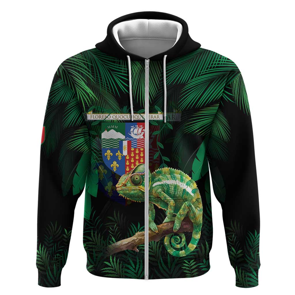 Reunion Island Zip Hoodie Furcifer Pardalis With Coat Of Arms - Wonder Print Shop