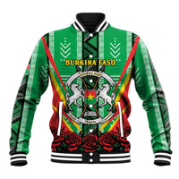 Green bomber baseball jacket with striped collar, bold crest and rose graphic front