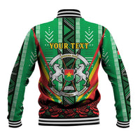 Green baseball jacket, striped ribbed hem and cuffs, crest graphic with 'YOUR TEXT' back