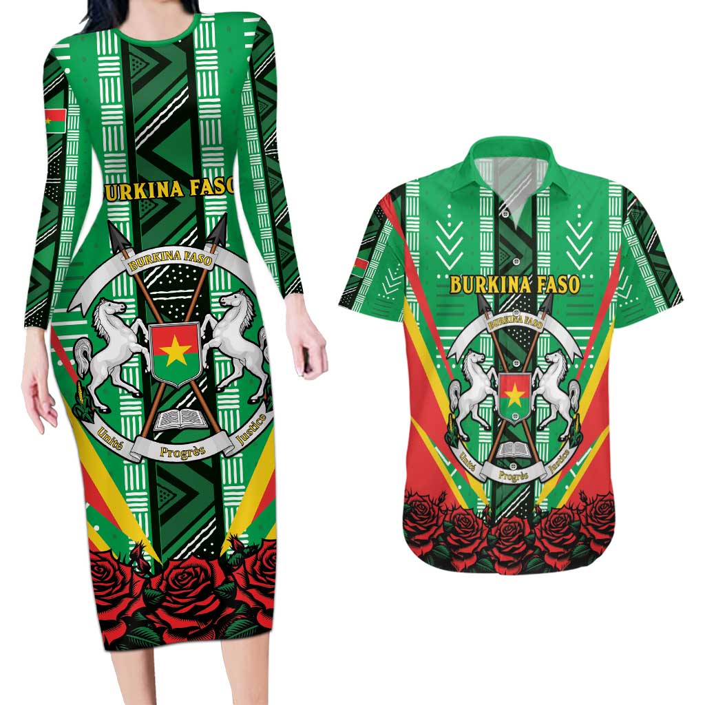 Personalised Burkina Faso Couples Matching Long Sleeve Bodycon Dress and Hawaiian Shirt Coat Of Arms Bogolan Pattern