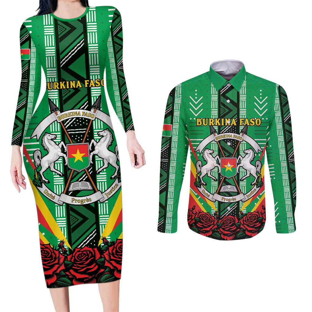 Personalised Burkina Faso Couples Matching Long Sleeve Bodycon Dress and Long Sleeve Button Shirt Coat Of Arms Bogolan Pattern