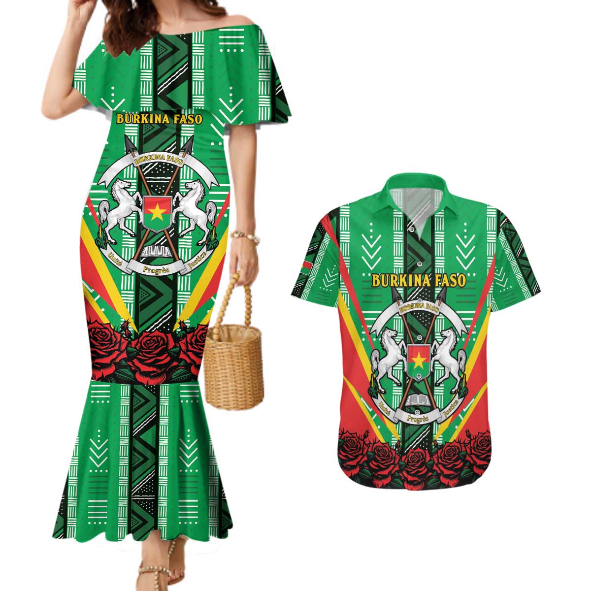 Personalised Burkina Faso Couples Matching Mermaid Dress and Hawaiian Shirt Coat Of Arms Bogolan Pattern