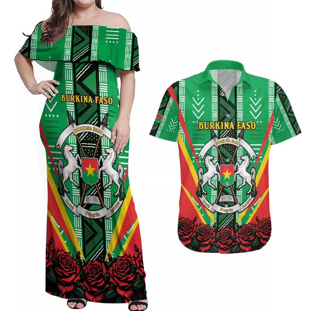 Personalised Burkina Faso Couples Matching Off Shoulder Maxi Dress and Hawaiian Shirt Coat Of Arms Bogolan Pattern