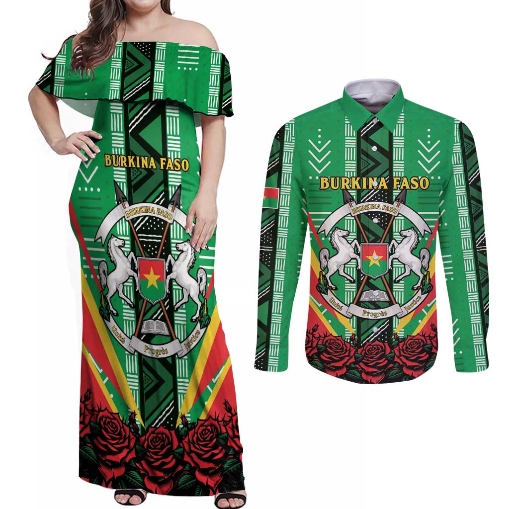 Personalised Burkina Faso Couples Matching Off Shoulder Maxi Dress and Long Sleeve Button Shirt Coat Of Arms Bogolan Pattern