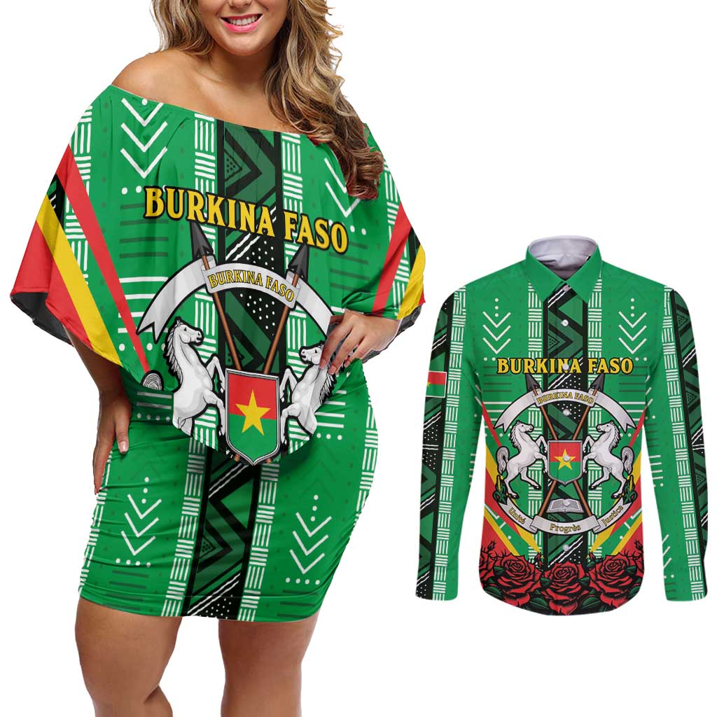 Personalised Burkina Faso Couples Matching Off Shoulder Short Dress and Long Sleeve Button Shirt Coat Of Arms Bogolan Pattern