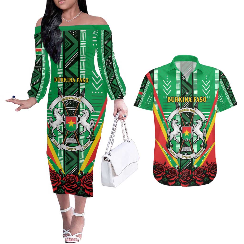 Personalised Burkina Faso Couples Matching Off The Shoulder Long Sleeve Dress and Hawaiian Shirt Coat Of Arms Bogolan Pattern