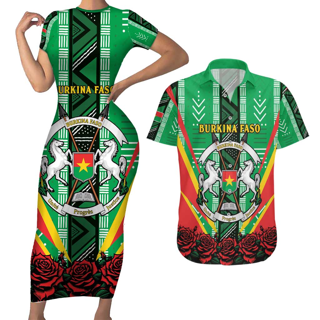 Personalised Burkina Faso Couples Matching Short Sleeve Bodycon Dress and Hawaiian Shirt Coat Of Arms Bogolan Pattern