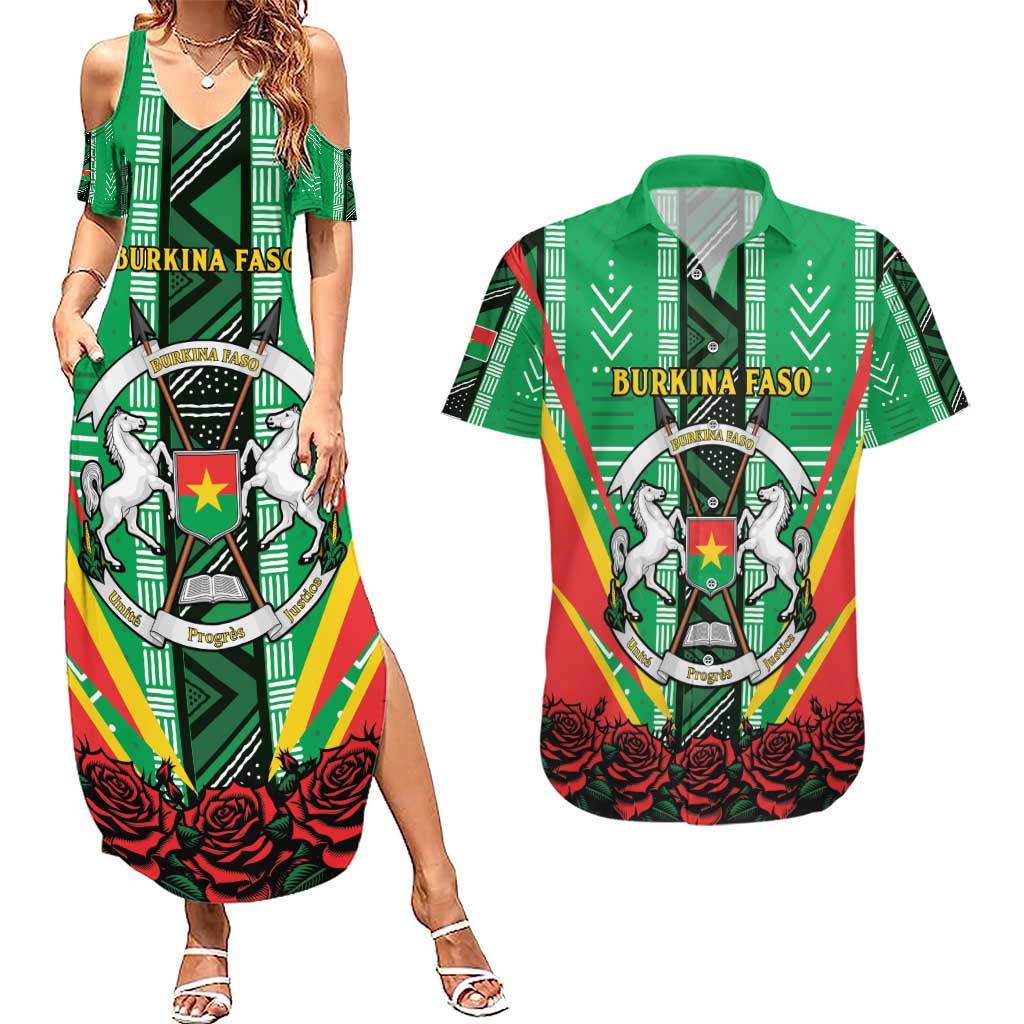 Personalised Burkina Faso Couples Matching Summer Maxi Dress and Hawaiian Shirt Coat Of Arms Bogolan Pattern