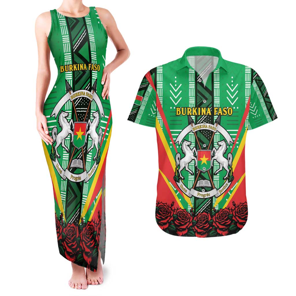 Personalised Burkina Faso Couples Matching Tank Maxi Dress and Hawaiian Shirt Coat Of Arms Bogolan Pattern