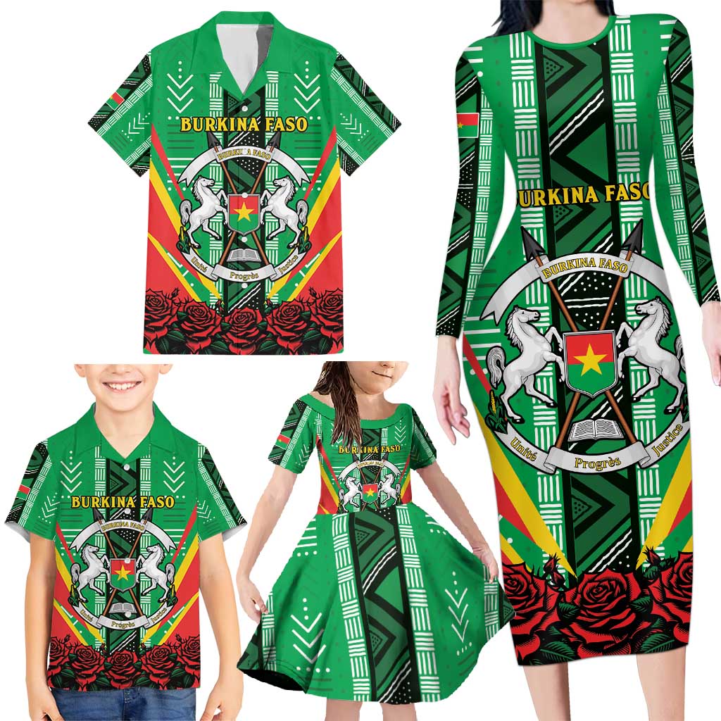 Personalised Burkina Faso Family Matching Long Sleeve Bodycon Dress and Hawaiian Shirt Coat Of Arms Bogolan Pattern