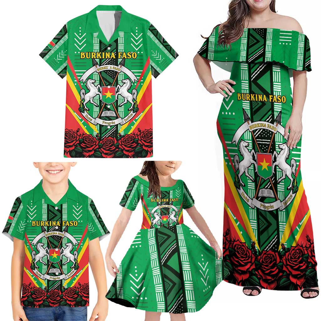 Personalised Burkina Faso Family Matching Off Shoulder Maxi Dress and Hawaiian Shirt Coat Of Arms Bogolan Pattern