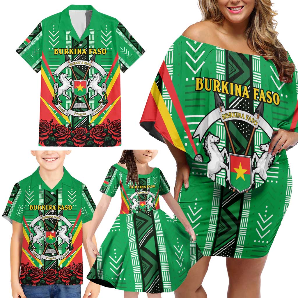 Personalised Burkina Faso Family Matching Off Shoulder Short Dress and Hawaiian Shirt Coat Of Arms Bogolan Pattern