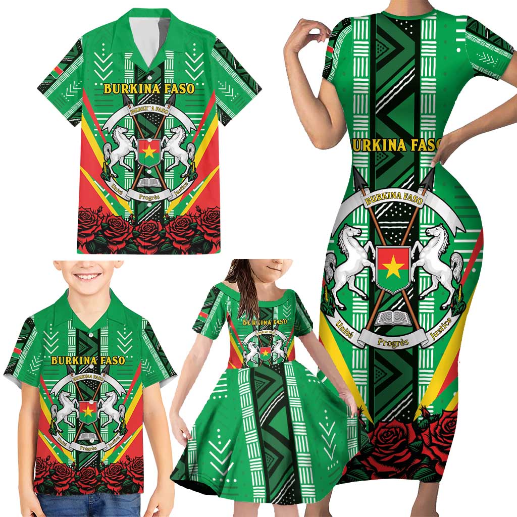 Personalised Burkina Faso Family Matching Short Sleeve Bodycon Dress and Hawaiian Shirt Coat Of Arms Bogolan Pattern