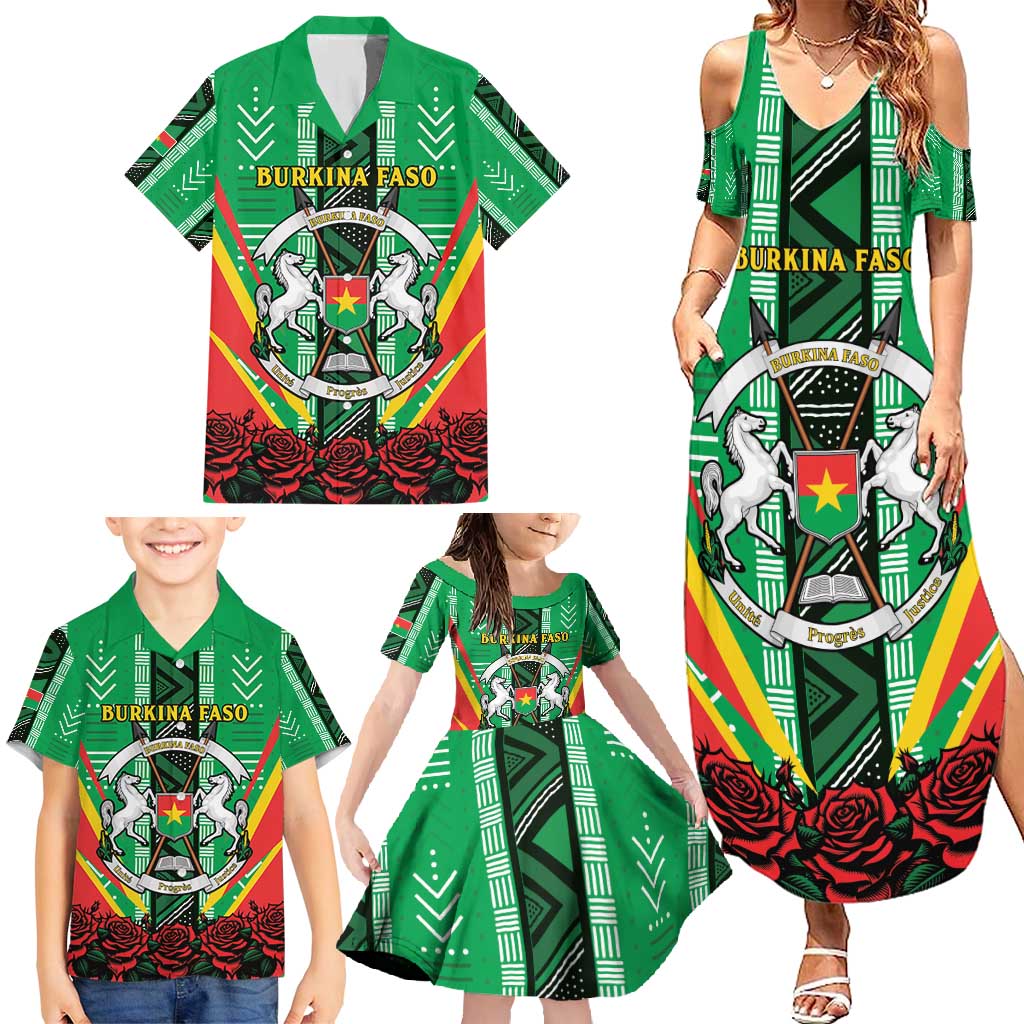 Personalised Burkina Faso Family Matching Summer Maxi Dress and Hawaiian Shirt Coat Of Arms Bogolan Pattern