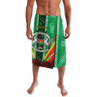 Green patterned knee-length shorts with crest emblem and rose graphics