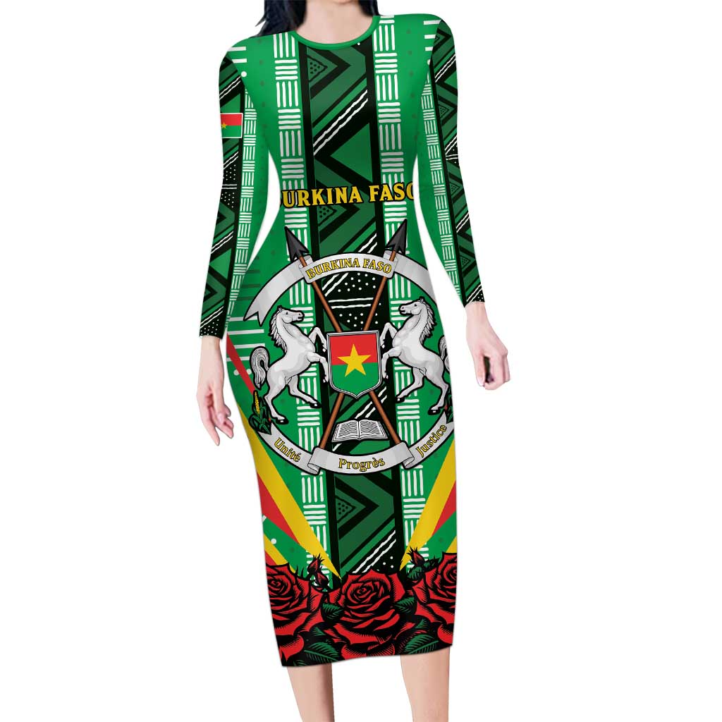 Personalised Burkina Faso Long Sleeve Bodycon Dress Coat Of Arms Bogolan Pattern