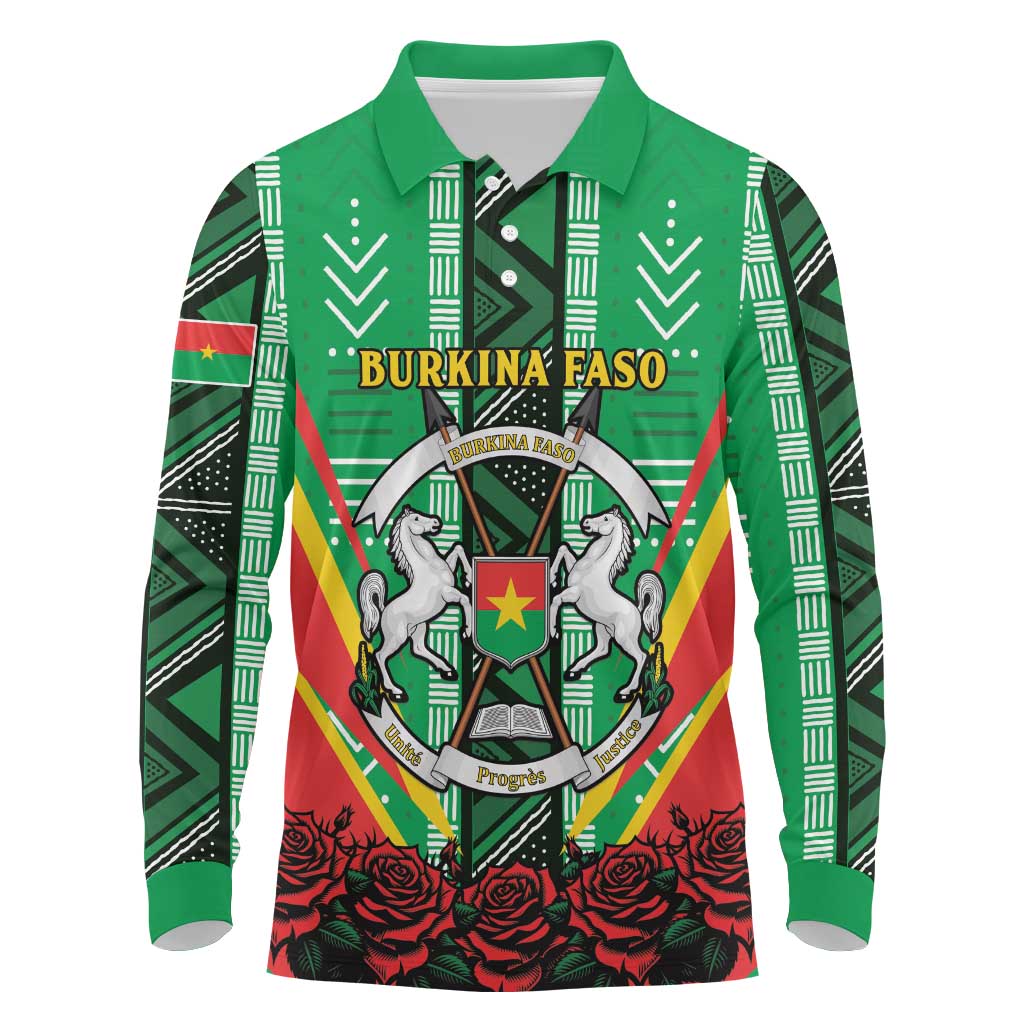 Personalised Burkina Faso Long Sleeve Polo Shirt Coat Of Arms Bogolan Pattern