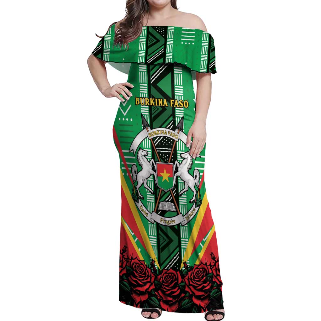 Personalised Burkina Faso Off Shoulder Maxi Dress Coat Of Arms Bogolan Pattern