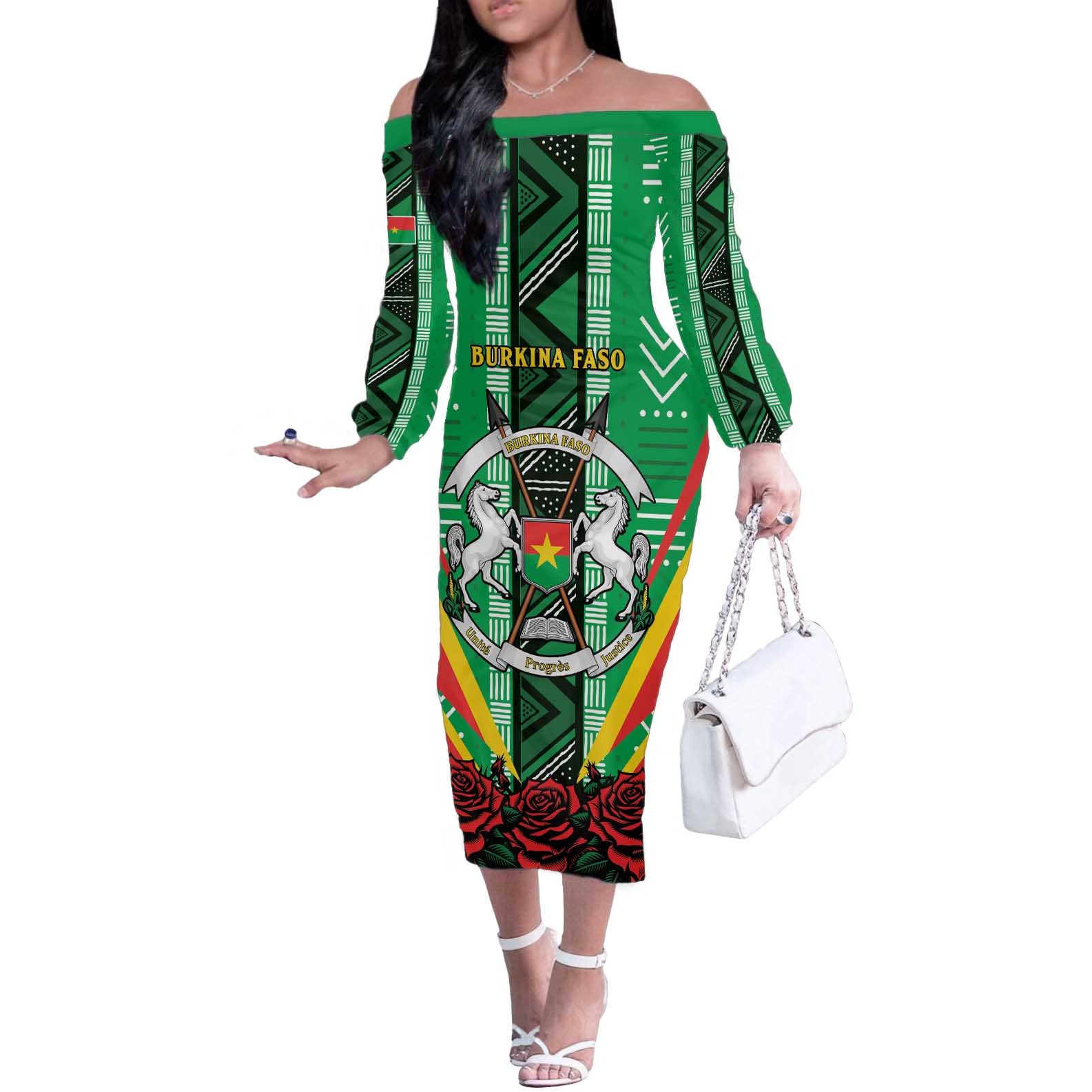 Personalised Burkina Faso Off The Shoulder Long Sleeve Dress Coat Of Arms Bogolan Pattern