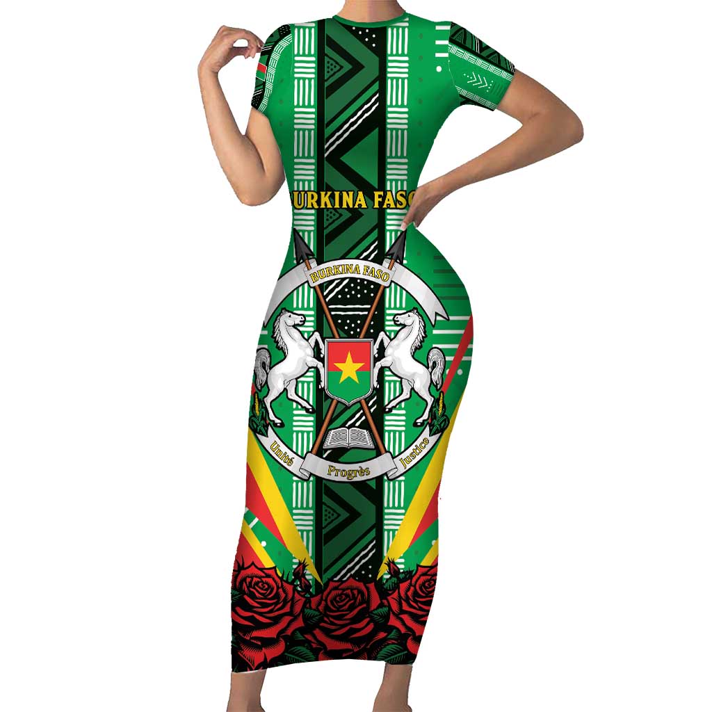 Personalised Burkina Faso Short Sleeve Bodycon Dress Coat Of Arms Bogolan Pattern