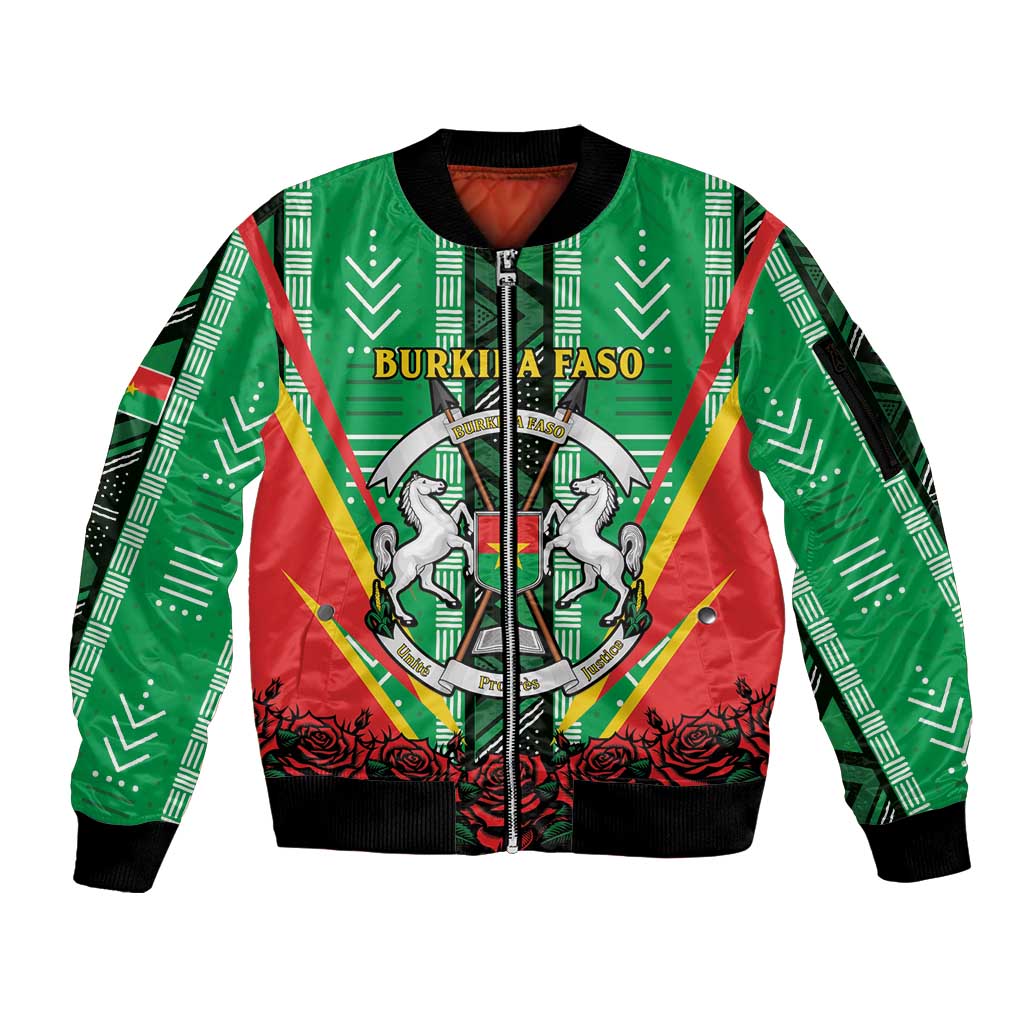 Personalised Burkina Faso Sleeve Zip Bomber Jacket Coat Of Arms Bogolan Pattern