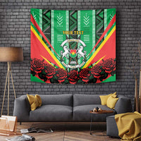 Green tapestry with crest coat of arms, red roses band, and "YOUR TEXT" centered