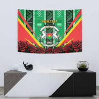 Green tapestry with coat of arms emblem, red rose border, and "YOUR TEXT" across top