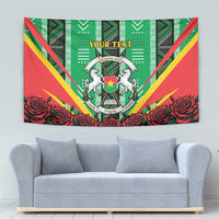 Green tapestry featuring central coat of arms, red roses at bottom, and "YOUR TEXT"