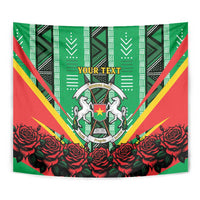 Close-up green tapestry with central coat of arms crest, "YOUR TEXT" above, striped rays