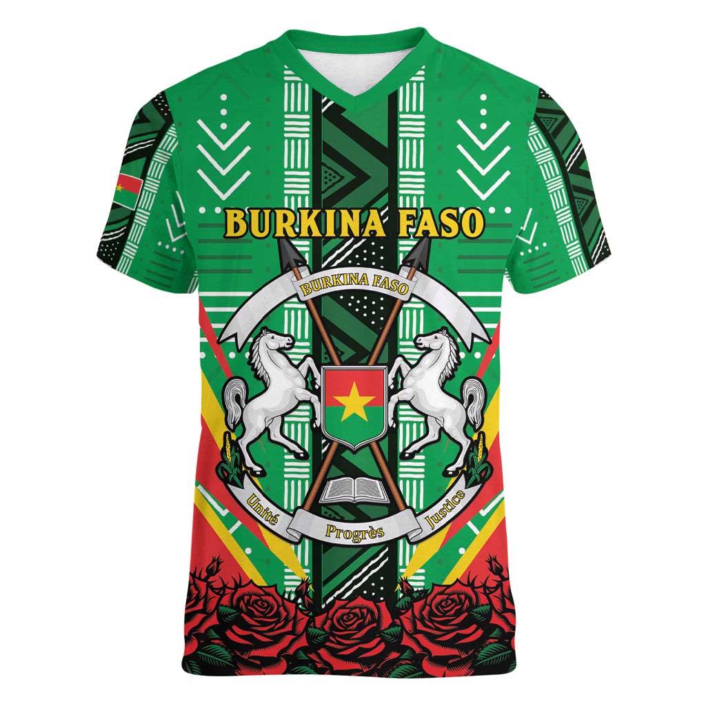 Personalised Burkina Faso Women V-Neck T-Shirt Coat Of Arms Bogolan Pattern