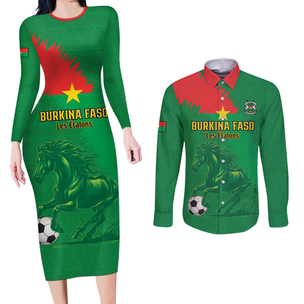 Custom Burkina Faso Football Couples Matching Long Sleeve Bodycon Dress and Long Sleeve Button Shirt Go Les Etalons