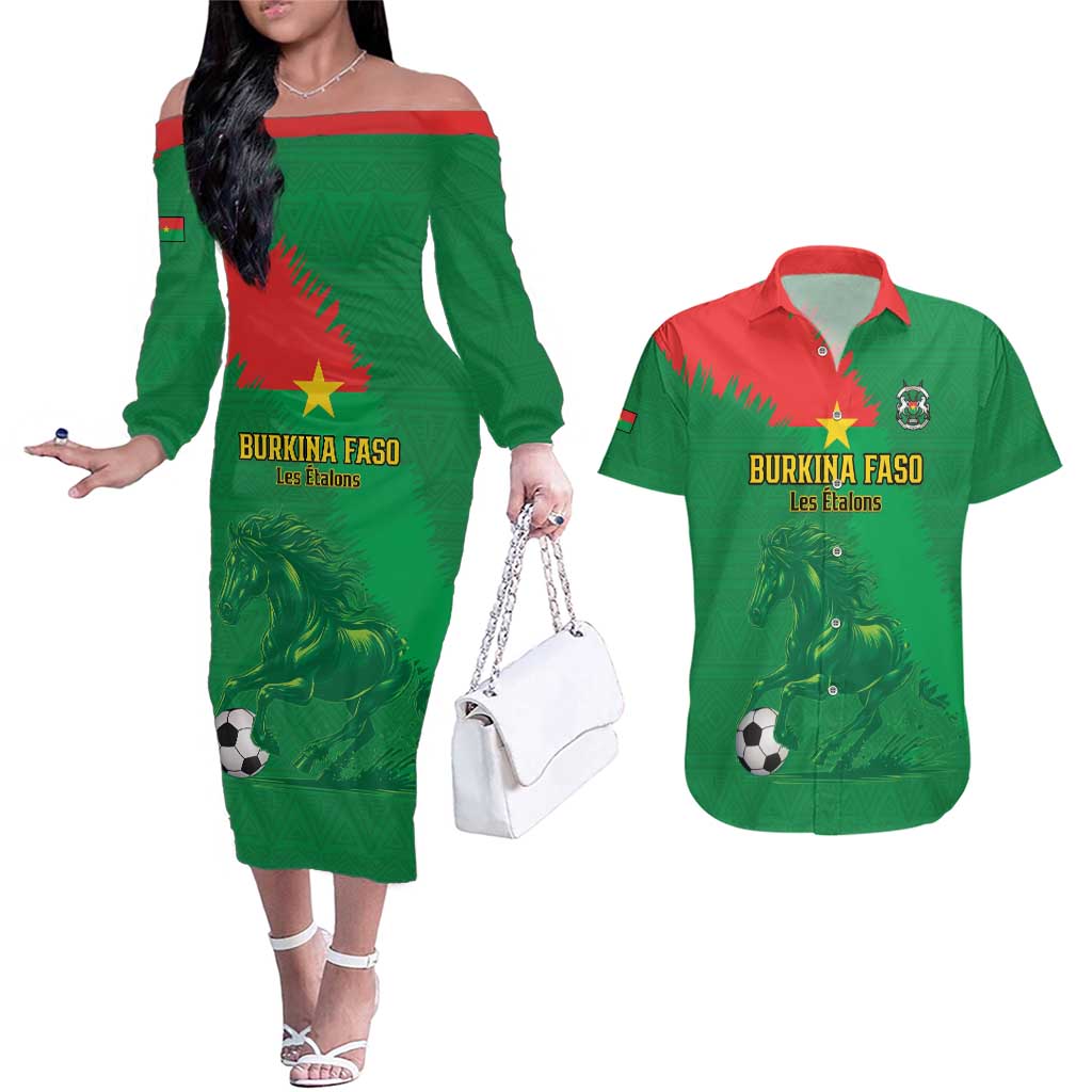 Custom Burkina Faso Football Couples Matching Off The Shoulder Long Sleeve Dress and Hawaiian Shirt Go Les Etalons