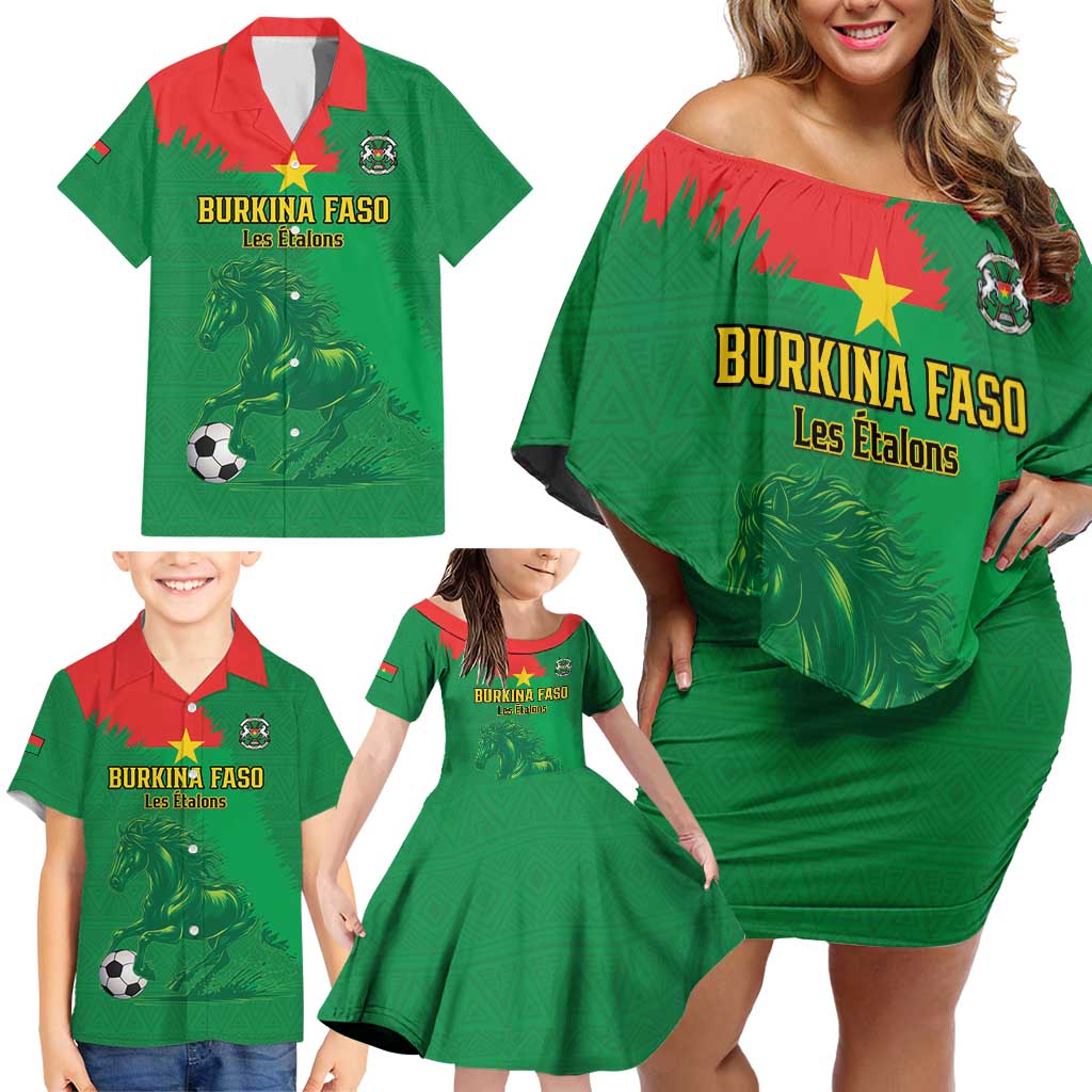 Custom Burkina Faso Football Family Matching Off Shoulder Short Dress and Hawaiian Shirt Go Les Etalons