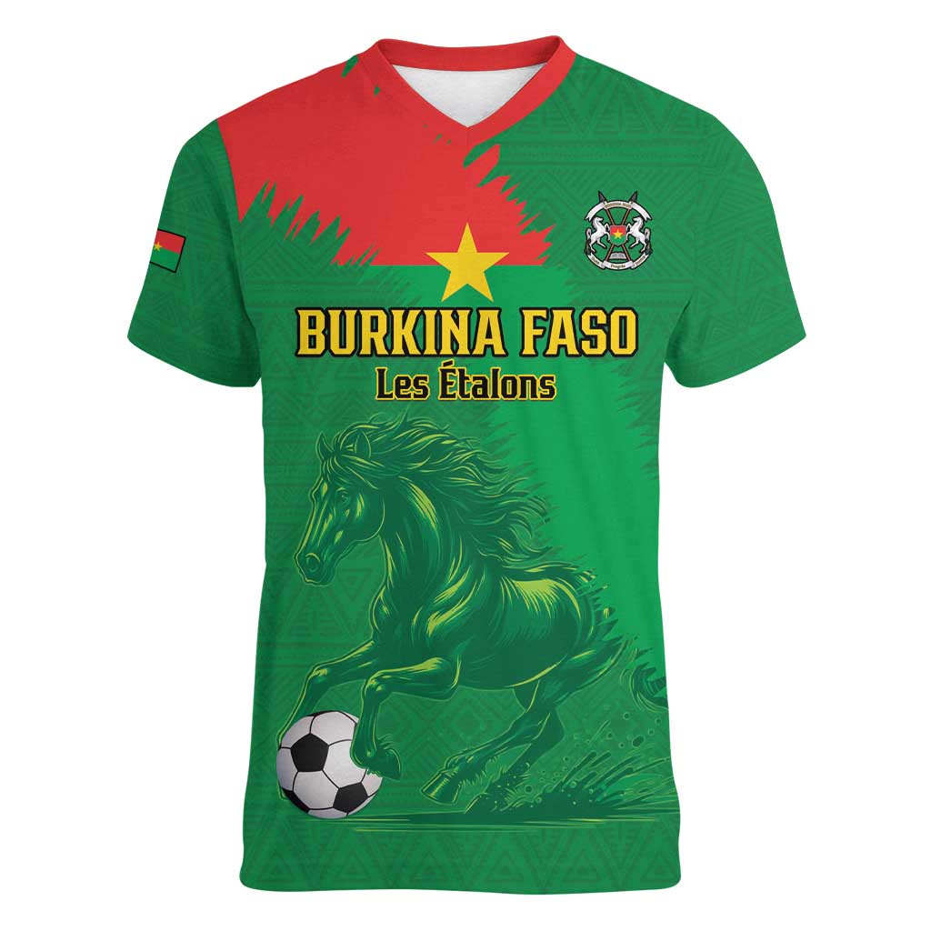 Custom Burkina Faso Football Women V-Neck T-Shirt Go Les Etalons