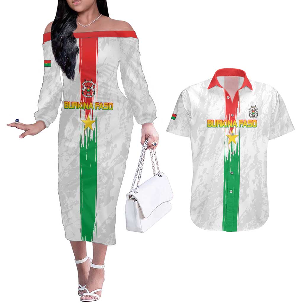 Custom Burkina Faso Football Couples Matching Off The Shoulder Long Sleeve Dress and Hawaiian Shirt Grunge Style