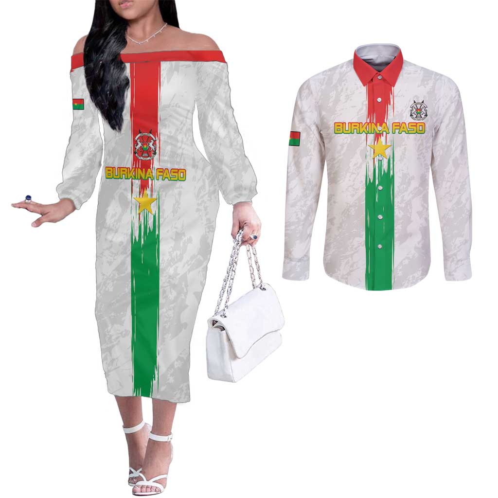 Custom Burkina Faso Football Couples Matching Off The Shoulder Long Sleeve Dress and Long Sleeve Button Shirt Grunge Style