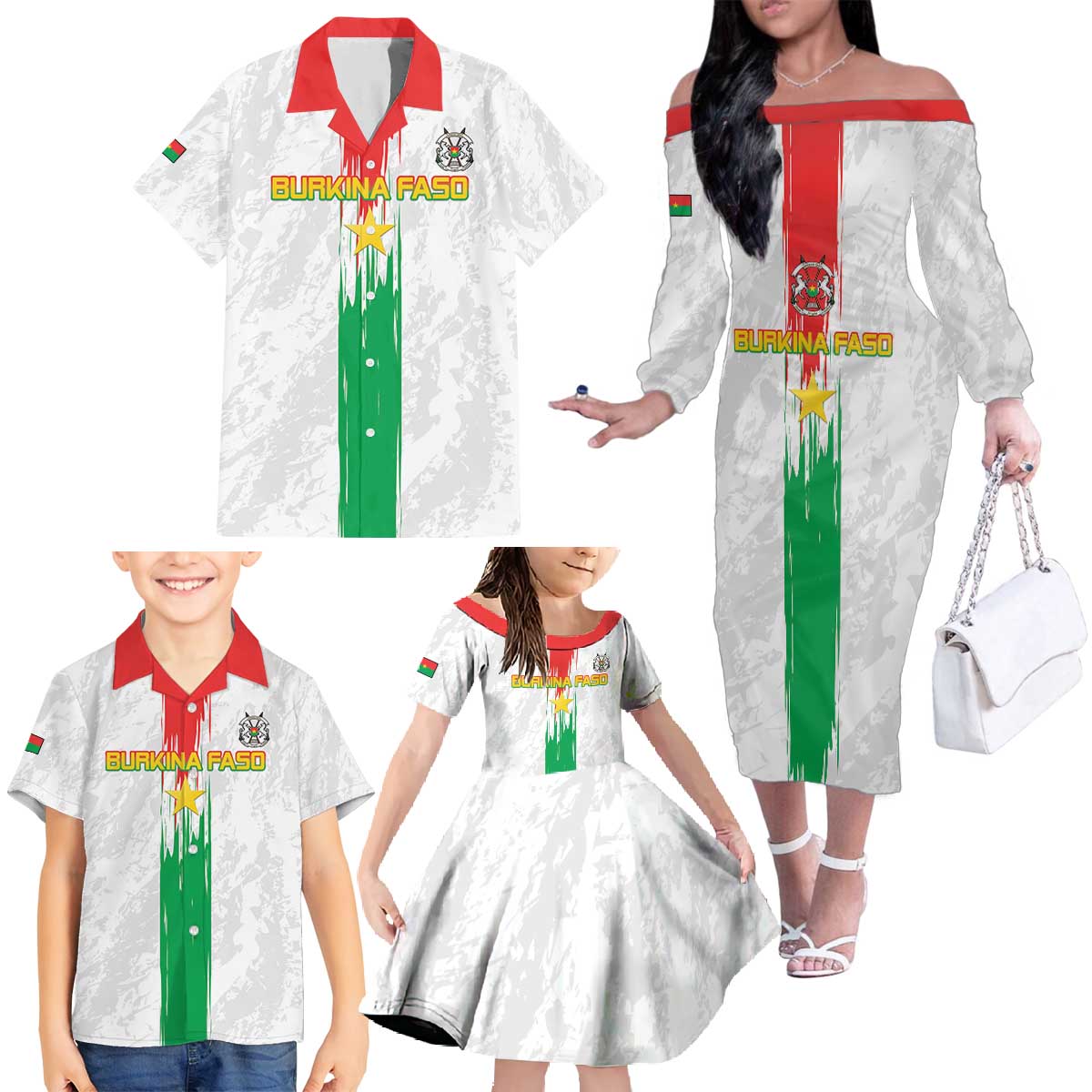 Custom Burkina Faso Football Family Matching Off The Shoulder Long Sleeve Dress and Hawaiian Shirt Grunge Style