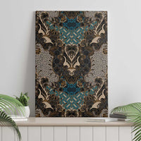 Framed-looking batik canvas wall art in black with teal and gold ornamental pattern.