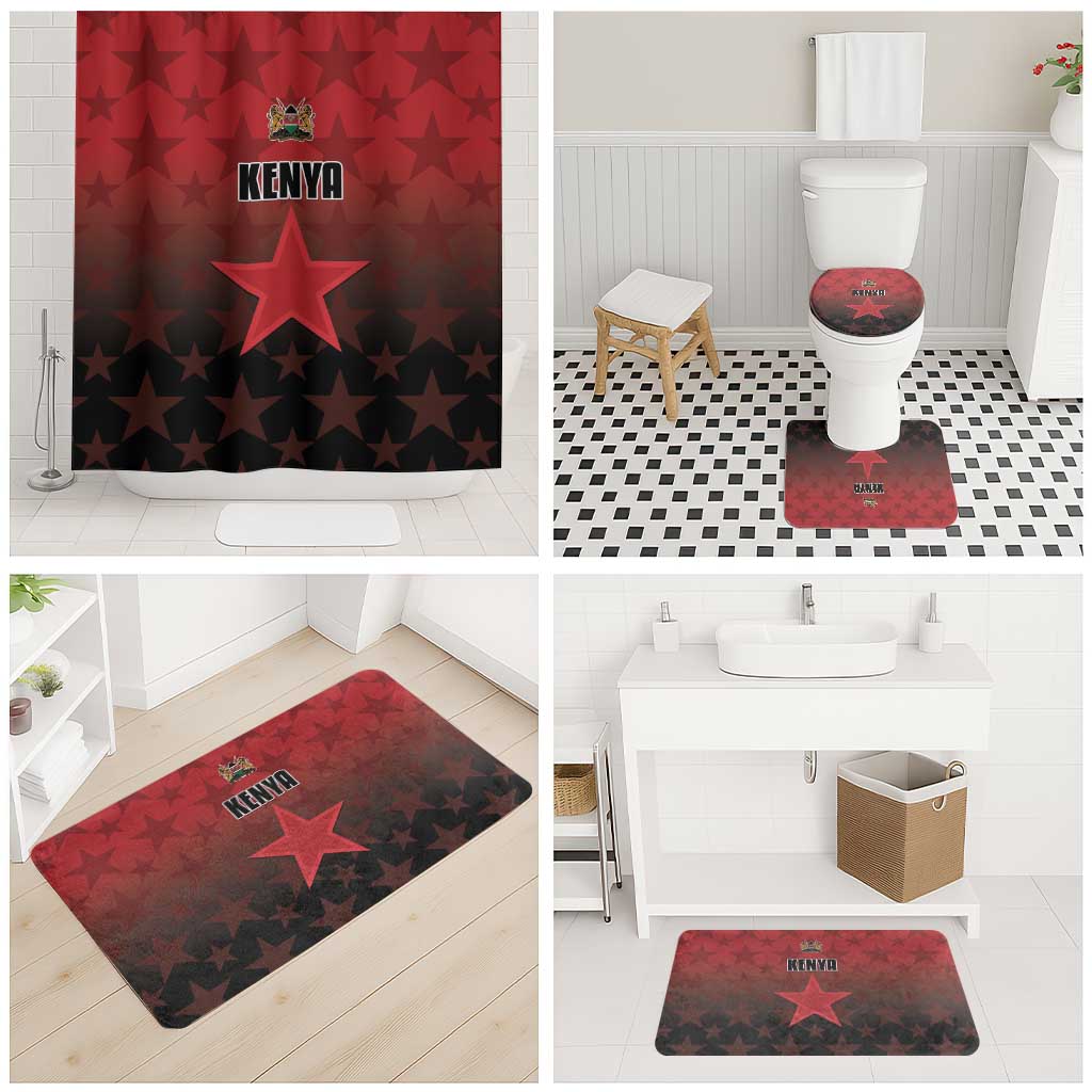 Kenya red shower curtain and star-pattern bathroom mats shown in room scenes